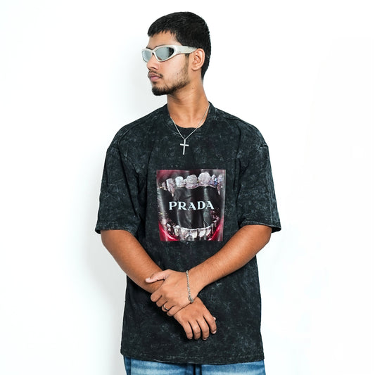 Premium PRADA  unisex oversized T-shirt (black acid wash)